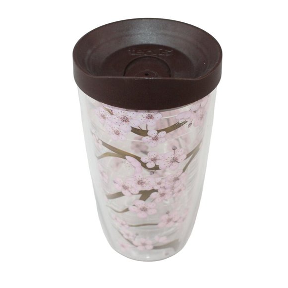 Tervis Tumbler 16oz Brown Lid Pink Cherry Blossoms Floral Retired Pattern Cup - Picture 3 of 9